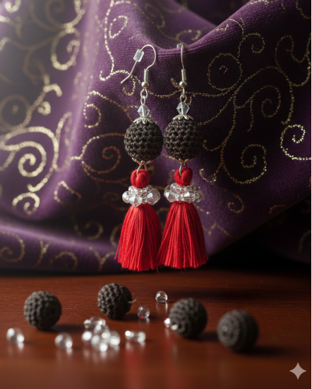 Háčkované dizajnové náušnice "Čierno červené "